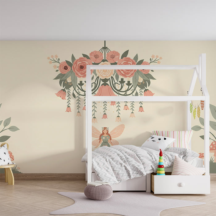 Papel de parede para quarto de bebé | Fada encantada sob um lustre floral com cogumelos e folhagem