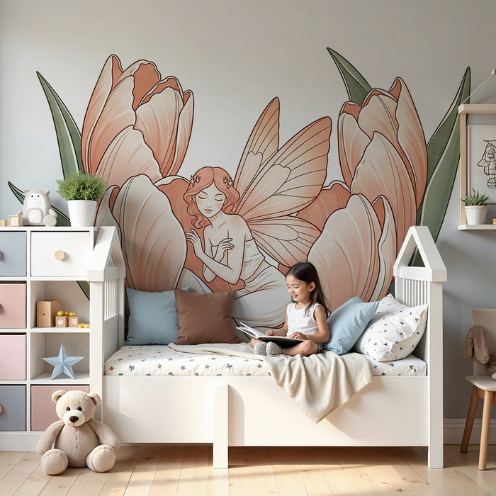 Babyzimmer Tapete | Schlafende Fee in zarten Pfingstrosen