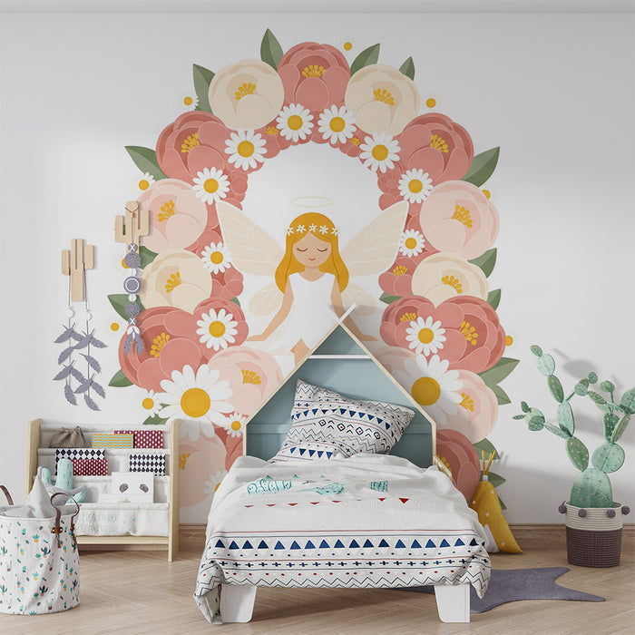 Papel de parede para quarto de bebé | Fada rodeada de peónias e margaridas