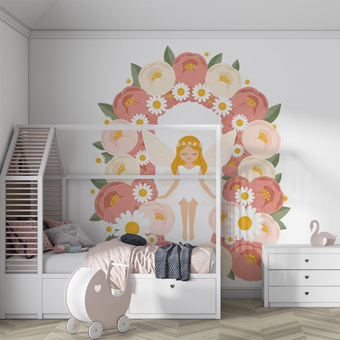 Papel de parede para quarto de bebé | Fada rodeada de peónias e margaridas