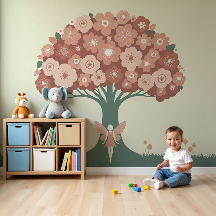 Papel de parede para quarto de bebé | Fada e árvore florida em tons suaves