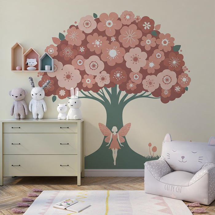 Papel de parede para quarto de bebé | Fada e árvore florida em tons suaves