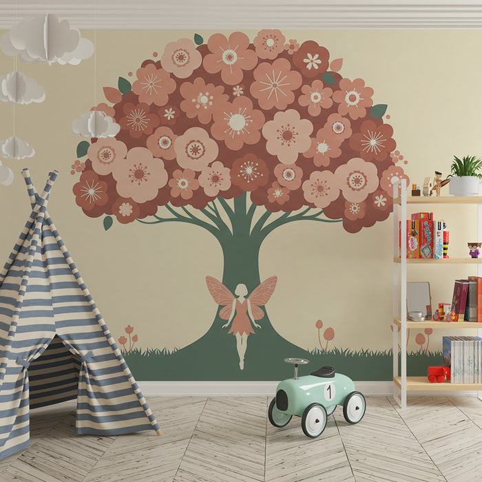 Papel de parede para quarto de bebé | Fada e árvore florida em tons suaves