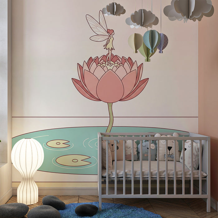 Papel de parede para quarto de bebé | Fada sobre uma flor de lótus num cenário tranquilo