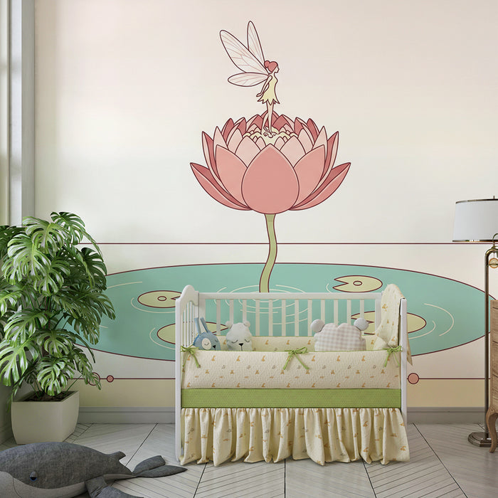 Papel de parede para quarto de bebé | Fada sobre uma flor de lótus num cenário tranquilo