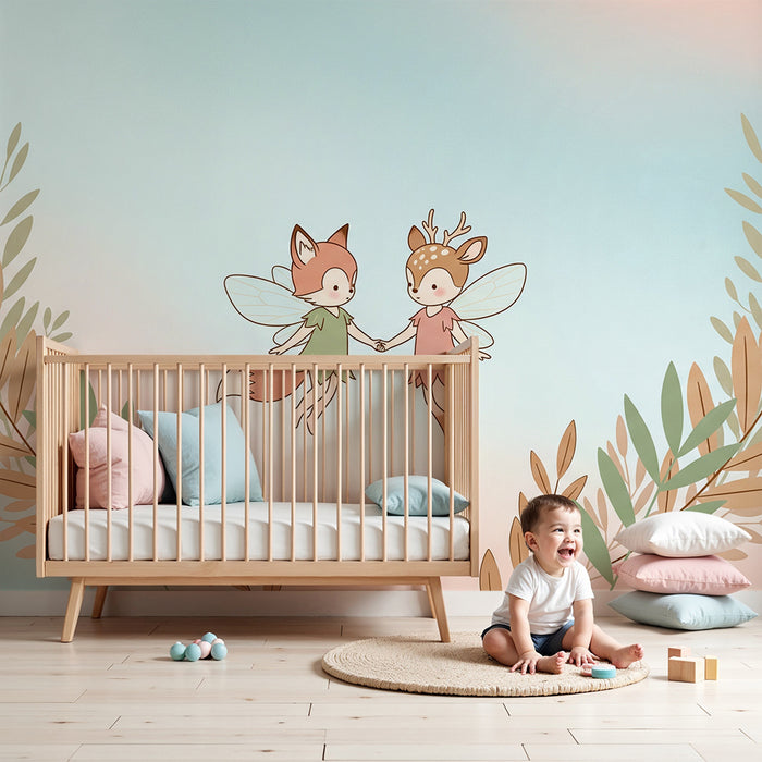 Børneværelse tapet | Fe dyr i en pastelfarvet fe verden