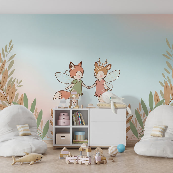 Børneværelse tapet | Fe dyr i en pastelfarvet fe verden