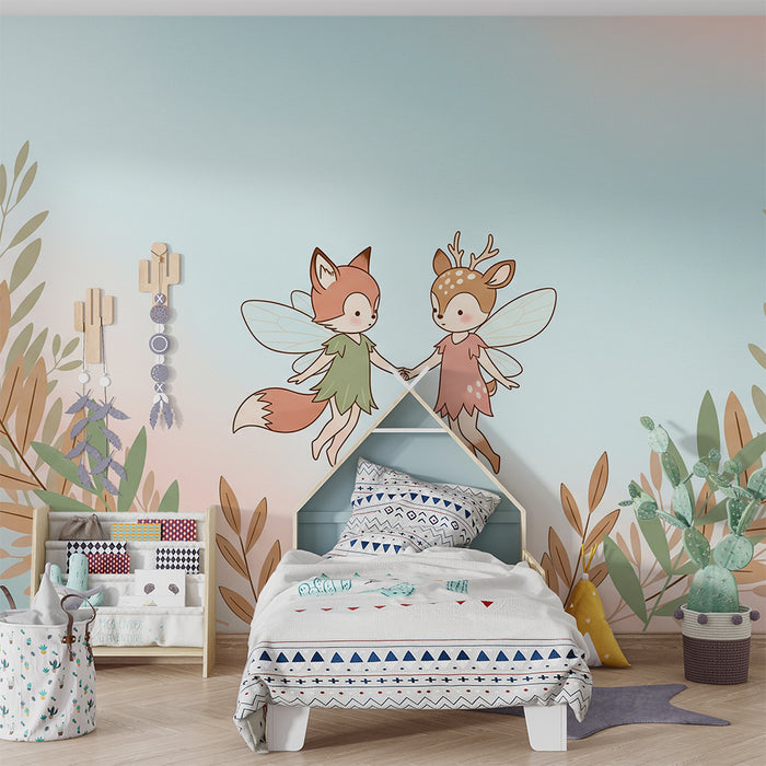 Børneværelse tapet | Fe dyr i en pastelfarvet fe verden