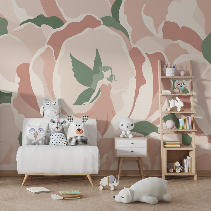Papel de parede para quarto de bebé | Fadas em peónias delicadas com tons suaves