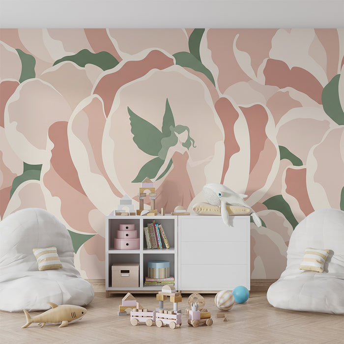 Papel de parede para quarto de bebé | Fadas em peónias delicadas com tons suaves