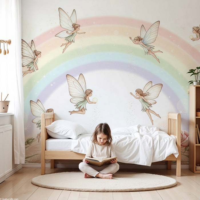 Lastenhuoneen tapetti | Keijut sateenkaaren ympäröiminä herkillä ruusuilla