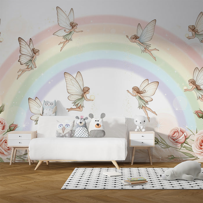 Lastenhuoneen tapetti | Keijut sateenkaaren ympäröiminä herkillä ruusuilla