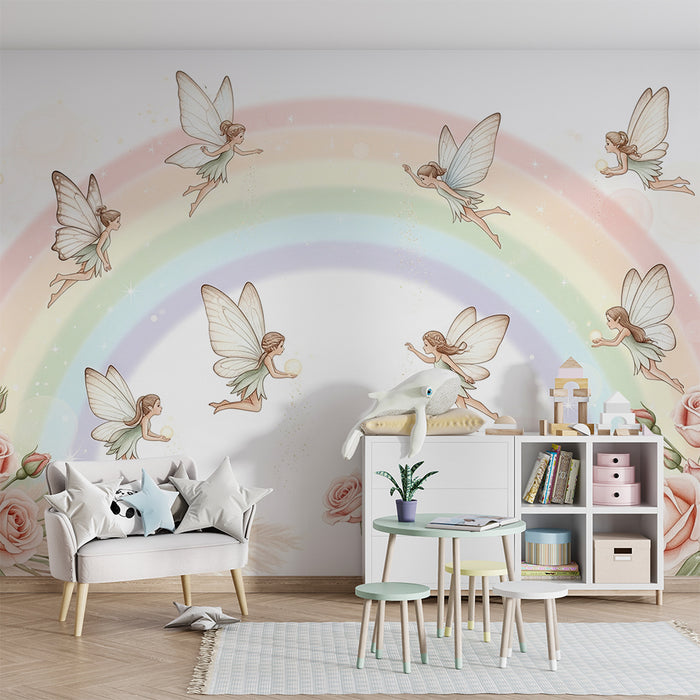 Lastenhuoneen tapetti | Keijut sateenkaaren ympäröiminä herkillä ruusuilla