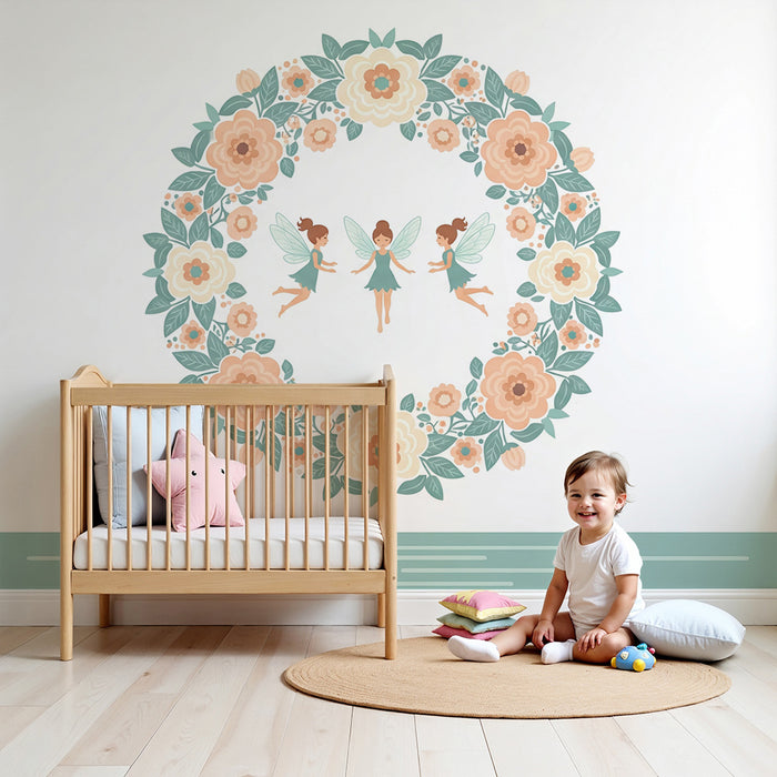 Babyzimmer Tapete | Feen in zartem Blumenrahmen