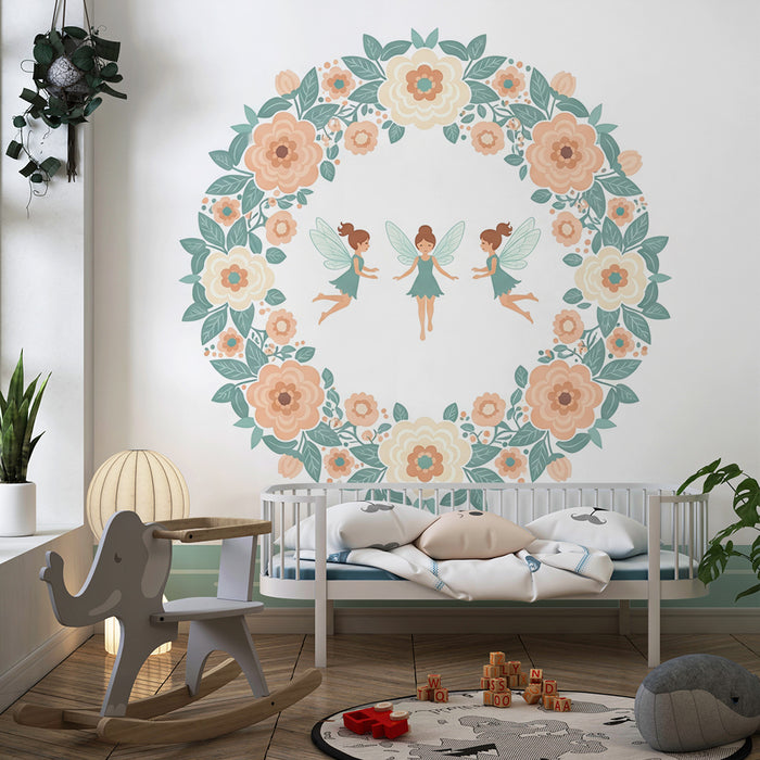 Babyzimmer Tapete | Feen in zartem Blumenrahmen