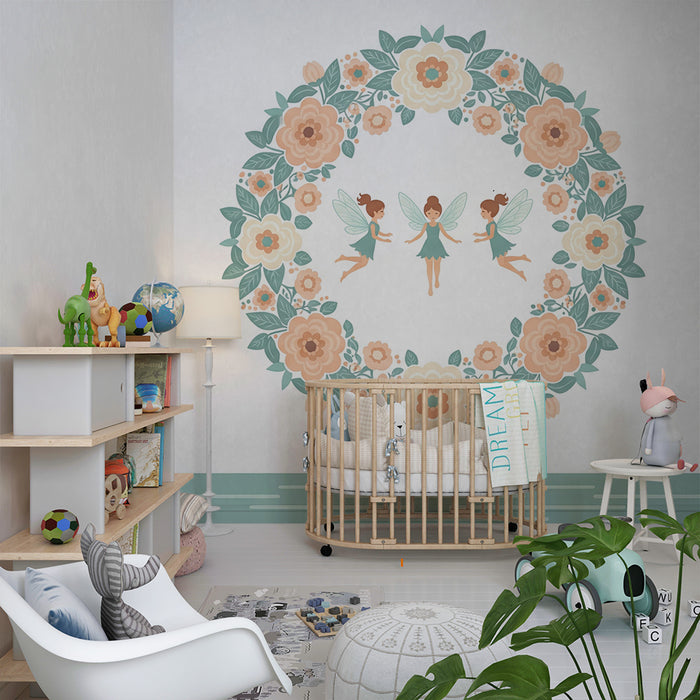 Babyzimmer Tapete | Feen in zartem Blumenrahmen