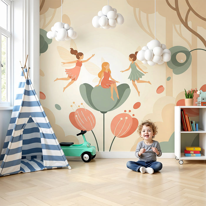 Babyzimmer-Tapete | Feen in einem märchenhaften Garten mit farbenfrohen Pfingstrosen