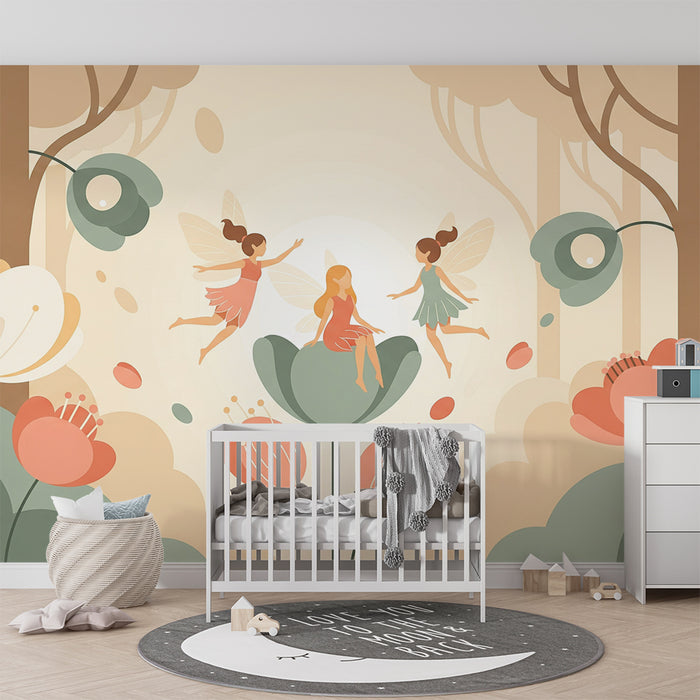 Babyzimmer-Tapete | Feen in einem märchenhaften Garten mit farbenfrohen Pfingstrosen