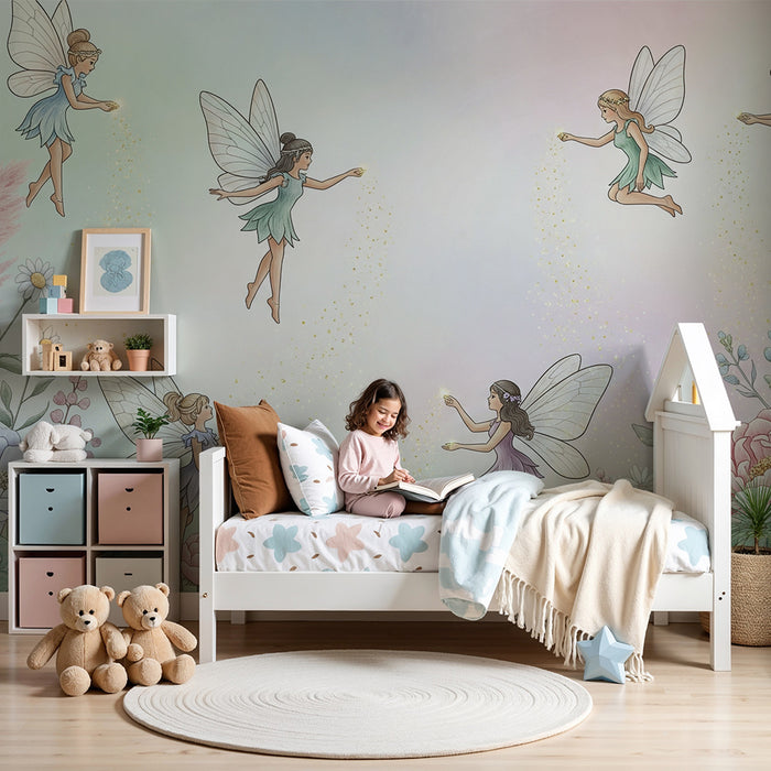 Lastenhuoneen tapetti | Keijut pastellivärisessä kukkatarhassa