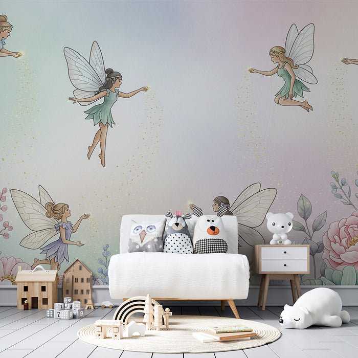 Lastenhuoneen tapetti | Keijut pastellivärisessä kukkatarhassa