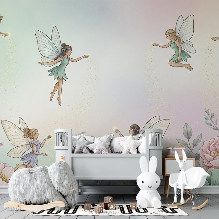 Lastenhuoneen tapetti | Keijut pastellivärisessä kukkatarhassa