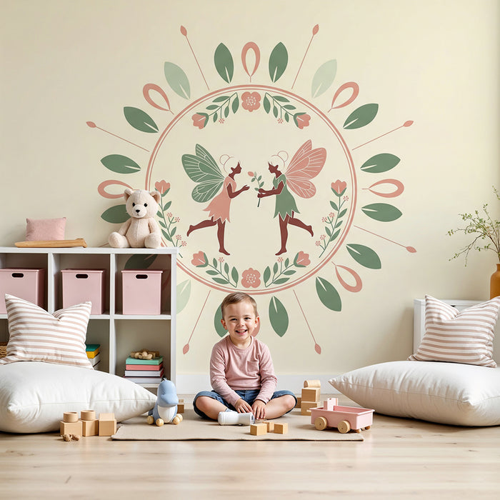 Papel de parede para quarto de bebé | Fadas num jardim florido com cores suaves