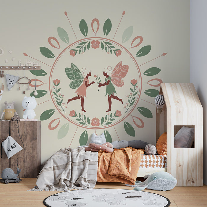 Papel de parede para quarto de bebé | Fadas num jardim florido com cores suaves