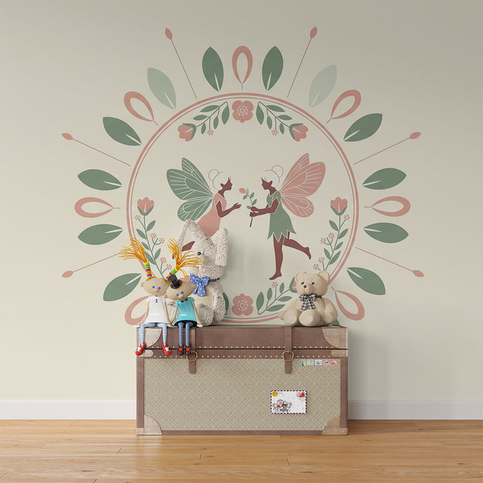 Papel de parede para quarto de bebé | Fadas num jardim florido com cores suaves