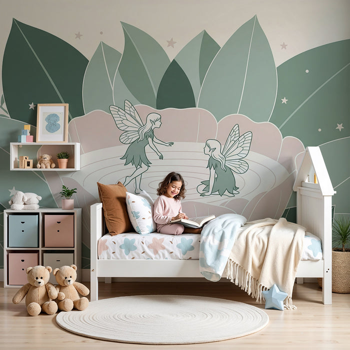 Papel de parede para quarto de bebé | Fadas numa flor com folhagem delicada
