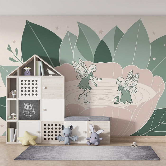 Papel de parede para quarto de bebé | Fadas numa flor com folhagem delicada