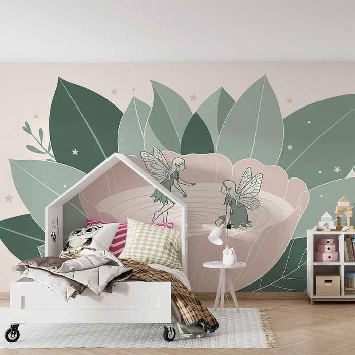 Papel de parede para quarto de bebé | Fadas numa flor com folhagem delicada