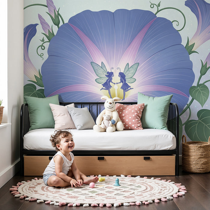 Papel de parede para quarto de bebé | Fadas numa flor azul encantada