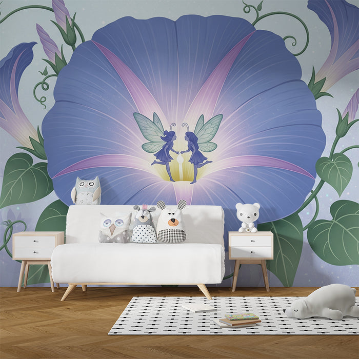 Papel de parede para quarto de bebé | Fadas numa flor azul encantada