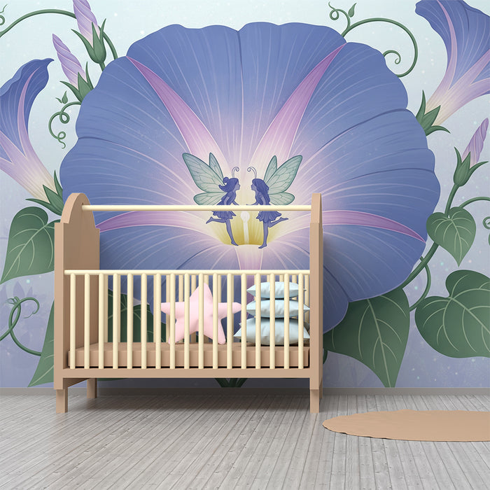 Papel de parede para quarto de bebé | Fadas numa flor azul encantada