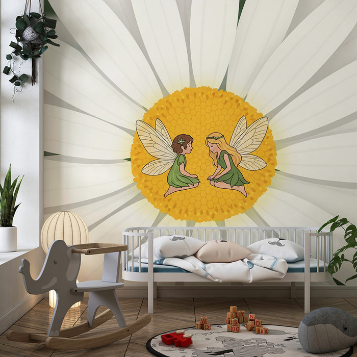 Papel de parede para quarto de bebé | Fadas numa margarida encantada