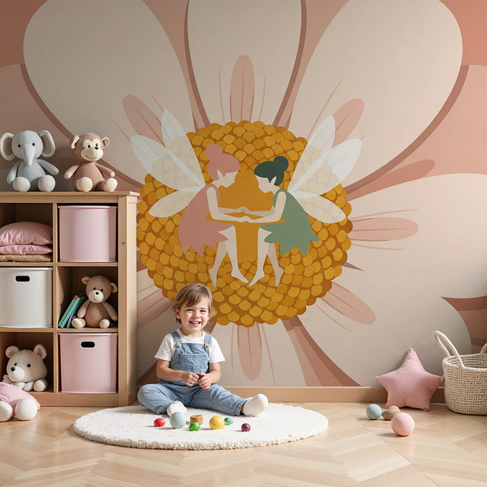 Babyzimmer-Tapete | Zarte Feen im Herzen einer strahlenden Blume