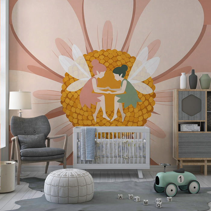 Babyzimmer-Tapete | Zarte Feen im Herzen einer strahlenden Blume