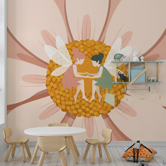 Babyzimmer-Tapete | Zarte Feen im Herzen einer strahlenden Blume