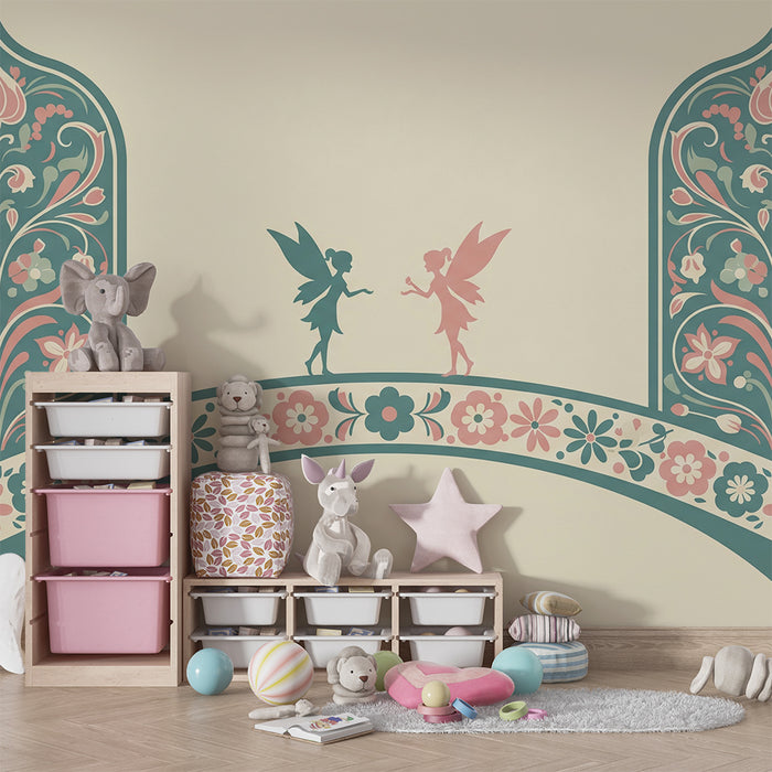 Papel de parede para quarto de bebé | Fadas e flores delicadas numa ponte encantada