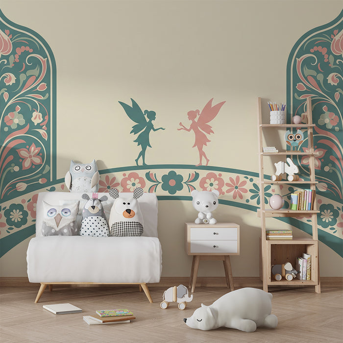 Papel de parede para quarto de bebé | Fadas e flores delicadas numa ponte encantada
