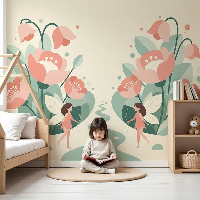 Babyzimmer Tapete | Feen und Pfingstrosen in einem verwunschenen Garten