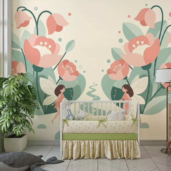 Babyzimmer Tapete | Feen und Pfingstrosen in einem verwunschenen Garten