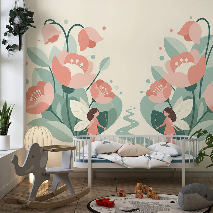 Babyzimmer Tapete | Feen und Pfingstrosen in einem verwunschenen Garten
