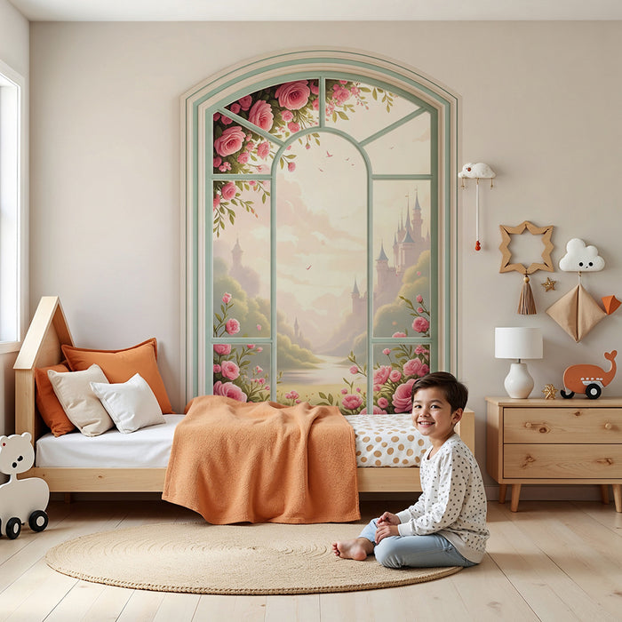 Papier peint chambre bébé | Fenêtre florale avec château féerique