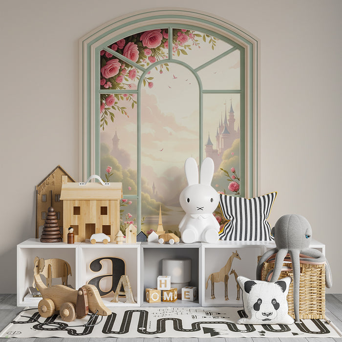 Papier peint chambre bébé | Fenêtre florale avec château féerique