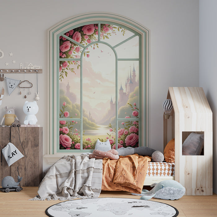 Papier peint chambre bébé | Fenêtre florale avec château féerique