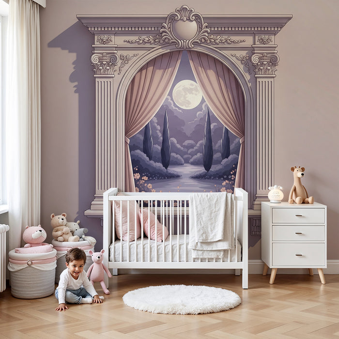 Papel de parede para quarto de bebé | Janela romântica com vista noturna para a lua