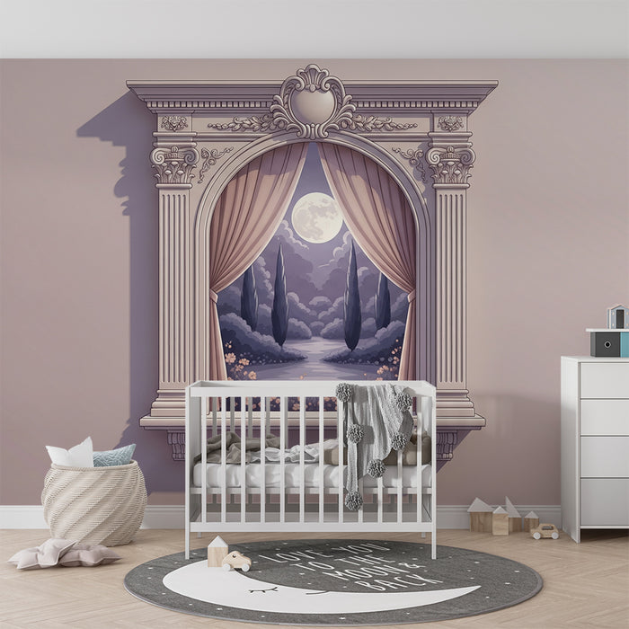 Papel de parede para quarto de bebé | Janela romântica com vista noturna para a lua