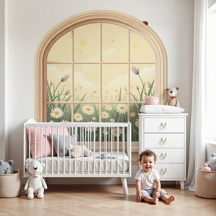 Papier peint chambre bébé | Fenêtre sur un champ de fleurs avec coccinelles
