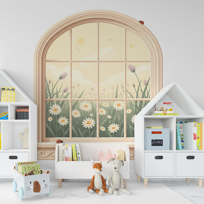 Papier peint chambre bébé | Fenêtre sur un champ de fleurs avec coccinelles